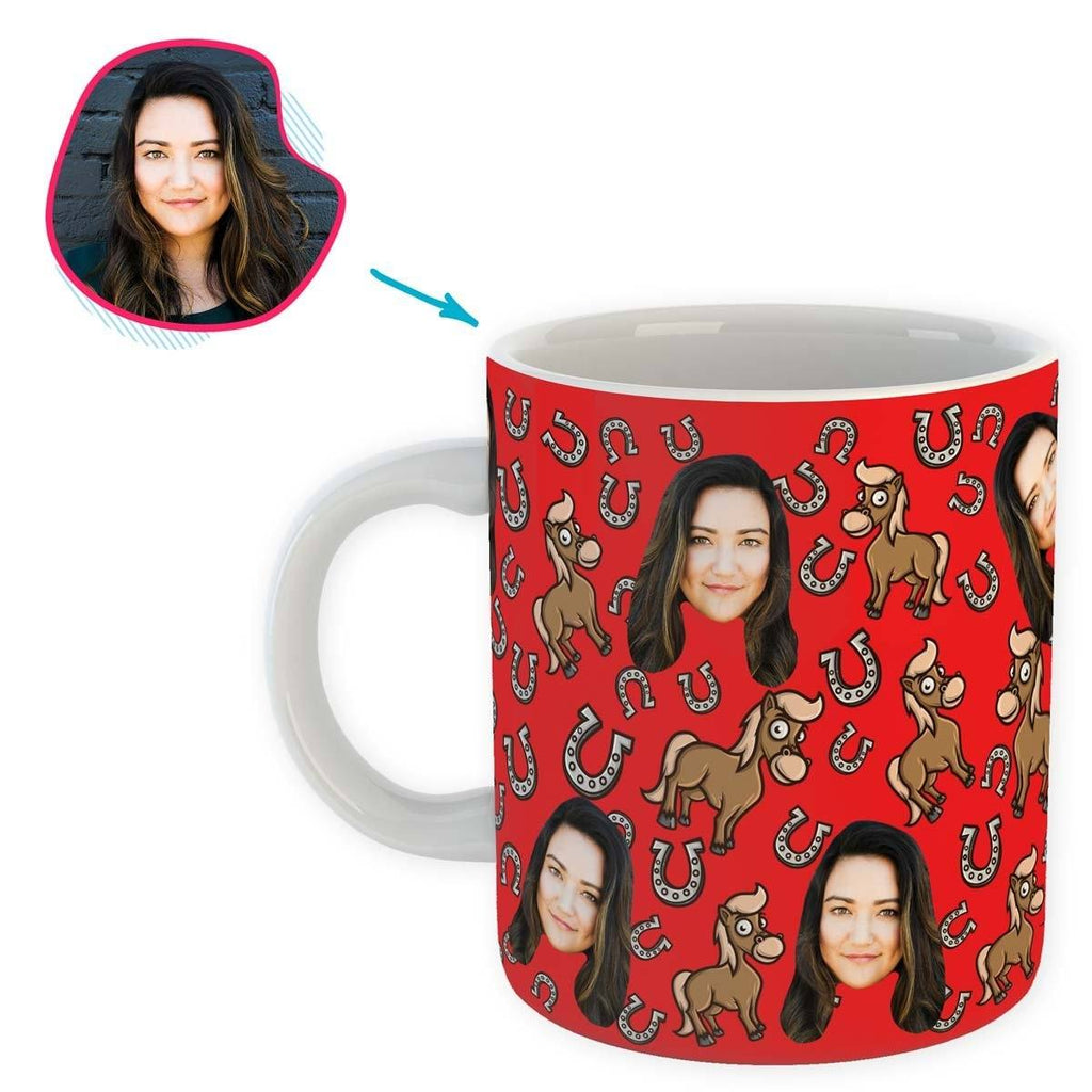 red Horse mug personalized with photo of face printed on it