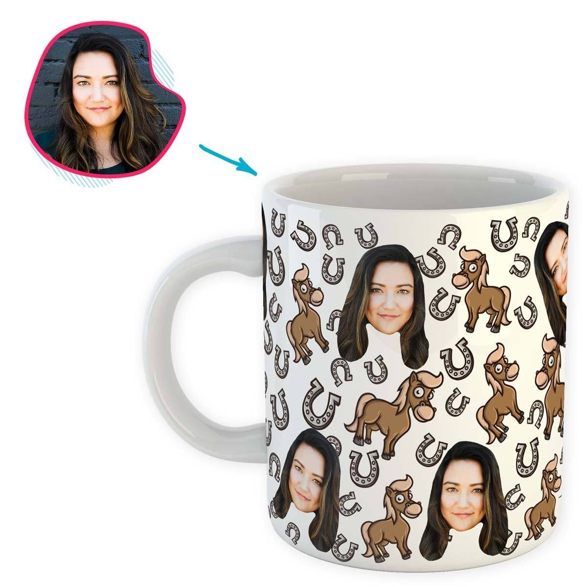 white Horse mug personalized with photo of face printed on it
