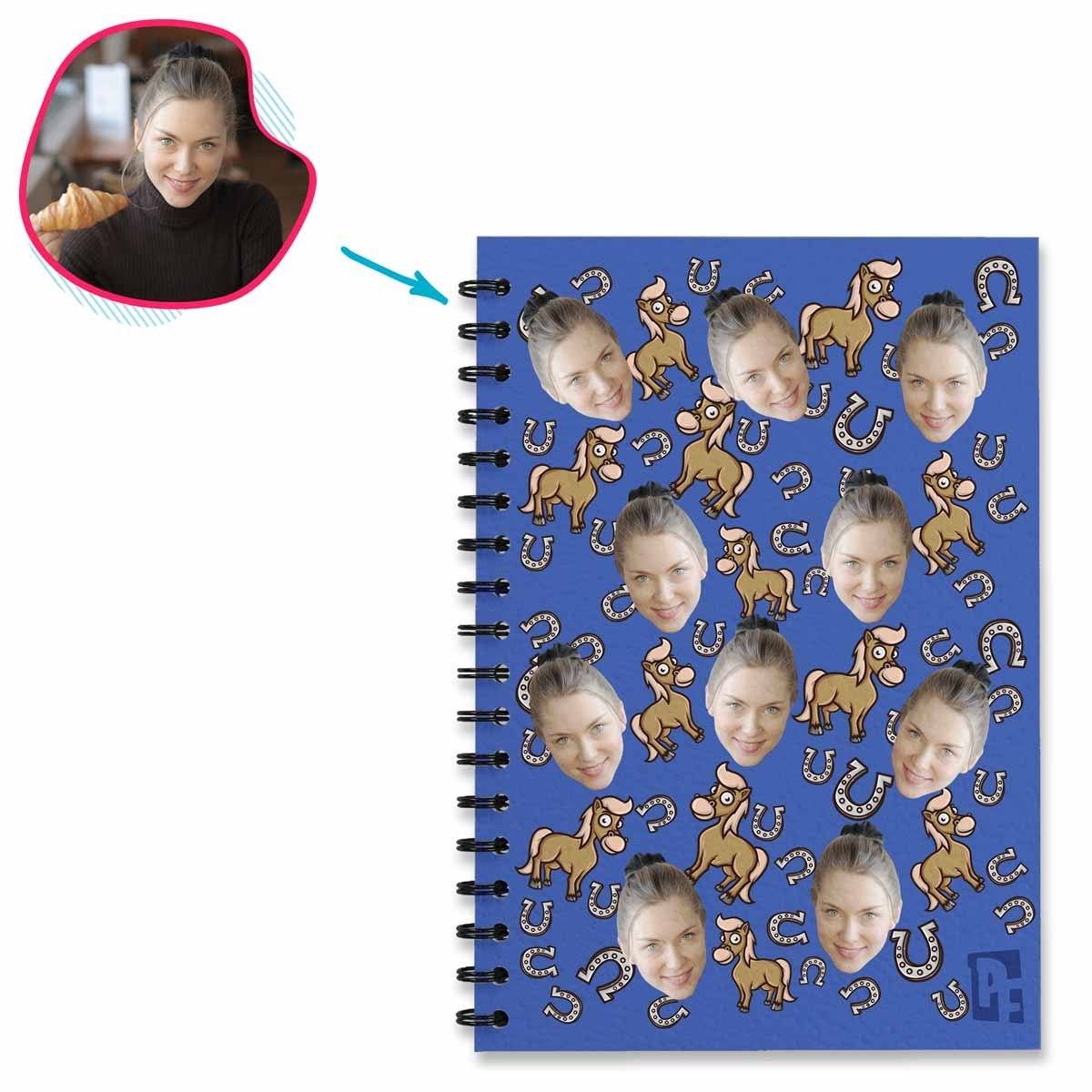 darkblue Horse Notebook personalized with photo of face printed on them
