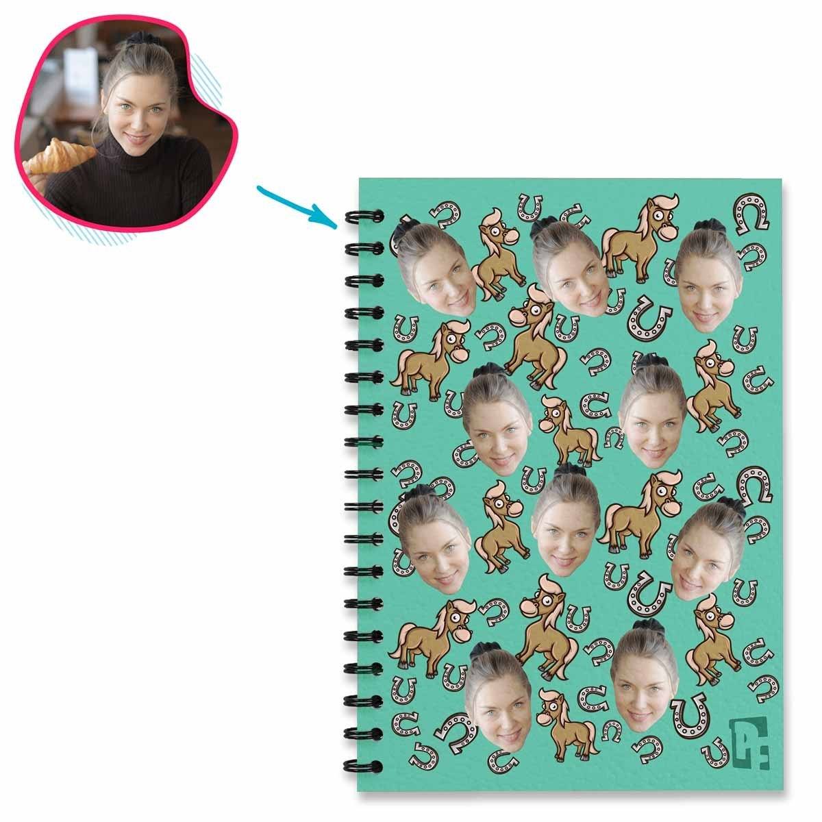 mint Horse Notebook personalized with photo of face printed on them