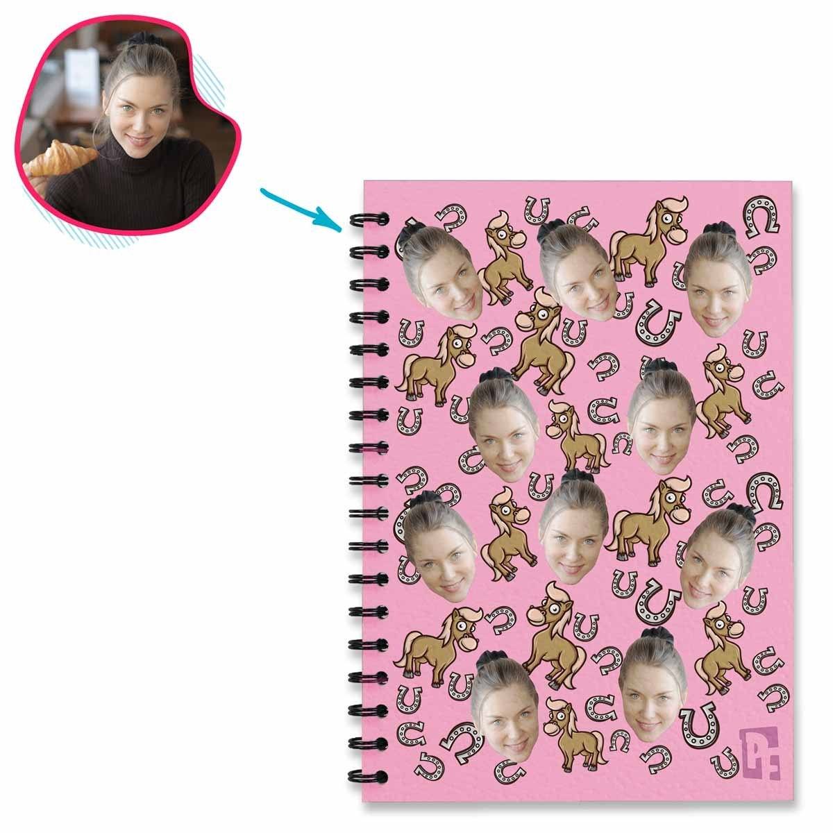 pink Horse Notebook personalized with photo of face printed on them