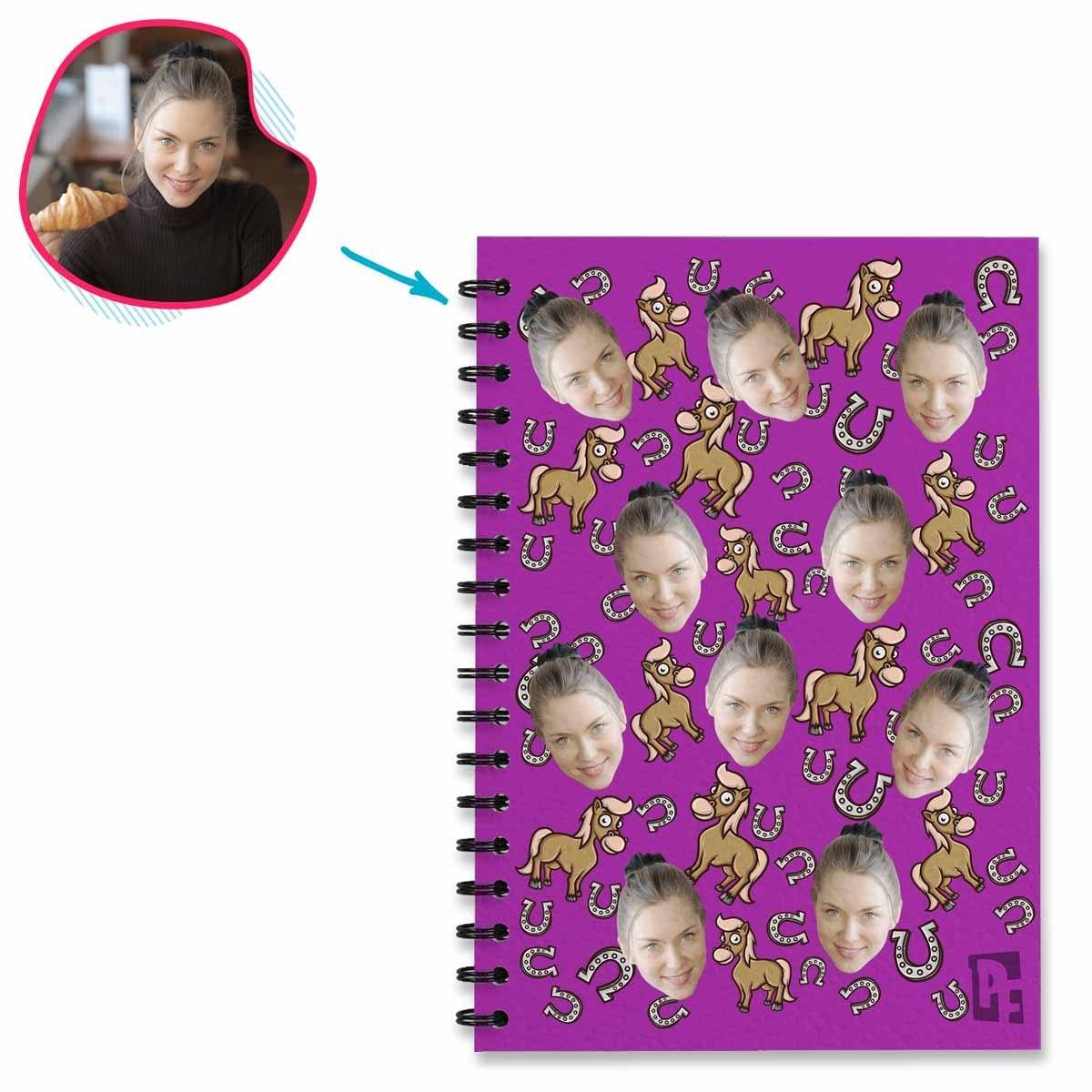 purple Horse Notebook personalized with photo of face printed on them