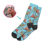 Load image into Gallery viewer, blue Horse socks personalized with photo of face printed on them
