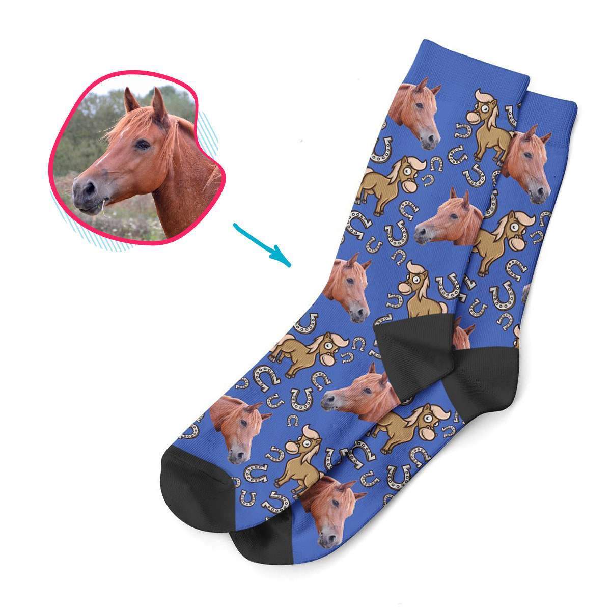 darkblue Horse socks personalized with photo of face printed on them