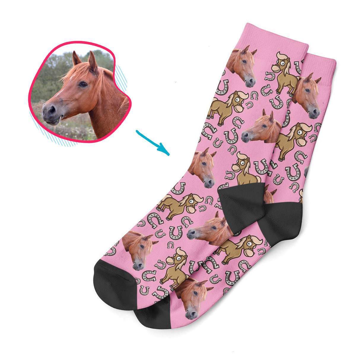 pink Horse socks personalized with photo of face printed on them