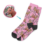 Load image into Gallery viewer, pink Horse socks personalized with photo of face printed on them
