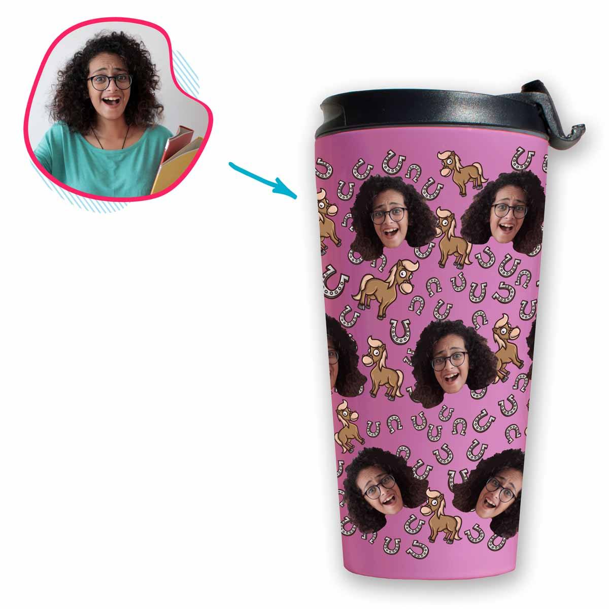 pink Horse travel mug personalized with photo of face printed on it