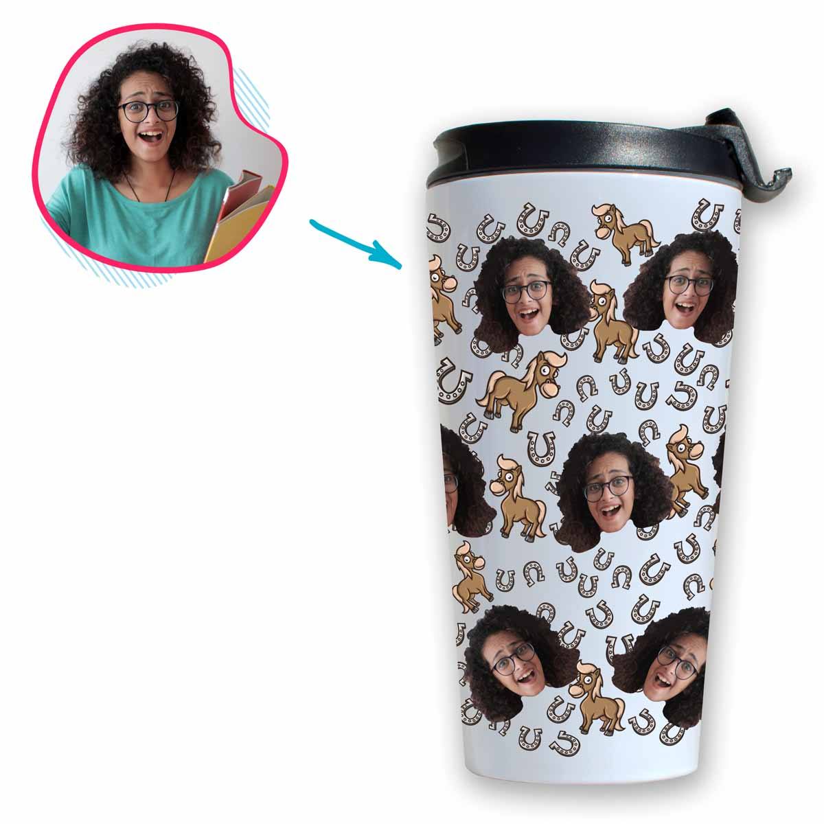 white Horse travel mug personalized with photo of face printed on it