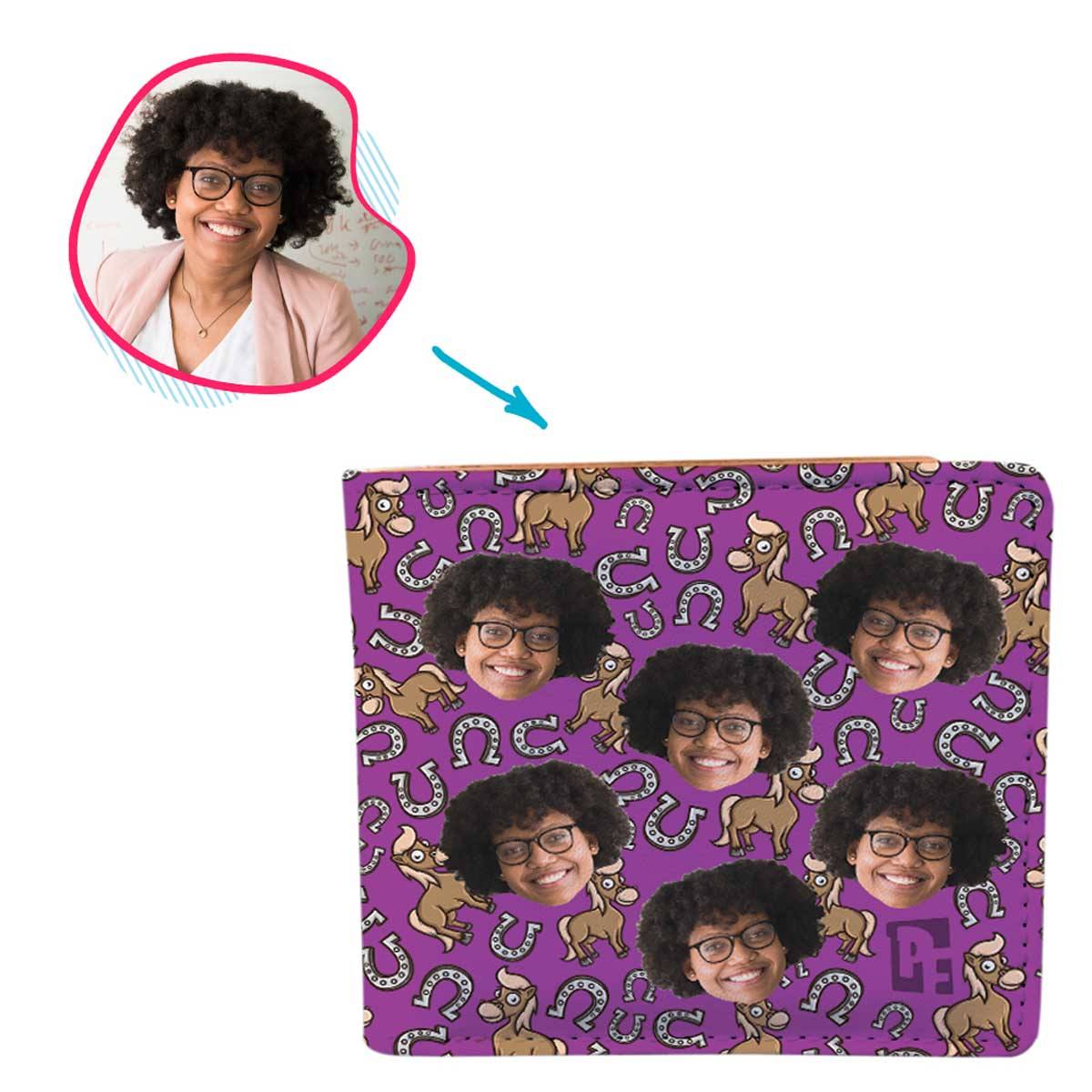 purple Horse wallet personalized with photo of face printed on it