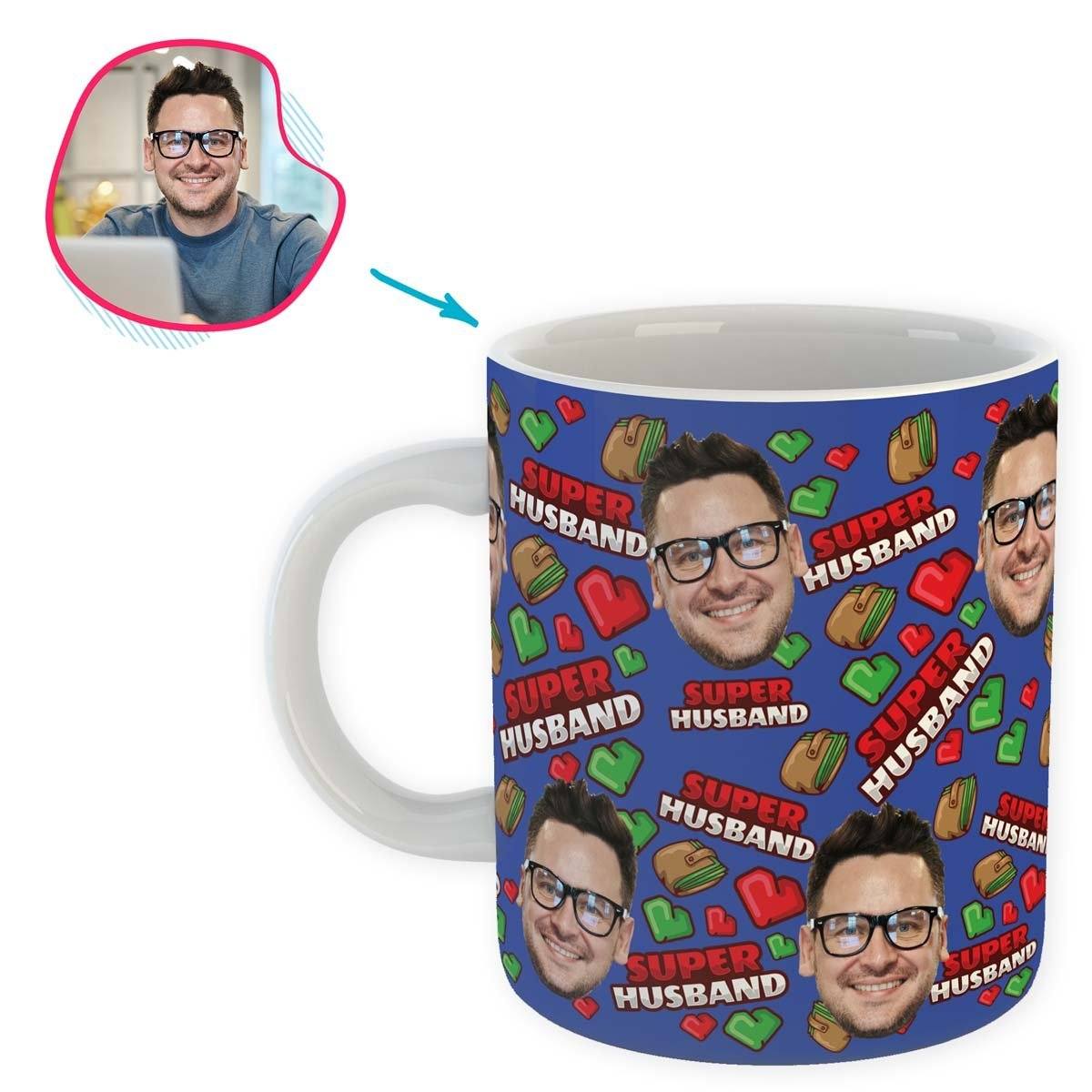 Darkblue Husband personalized mug with photo of face printed on it