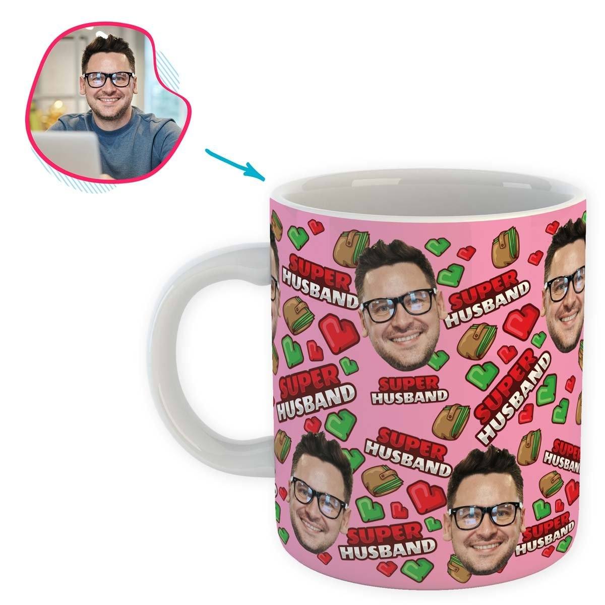 Pink Husband personalized mug with photo of face printed on it