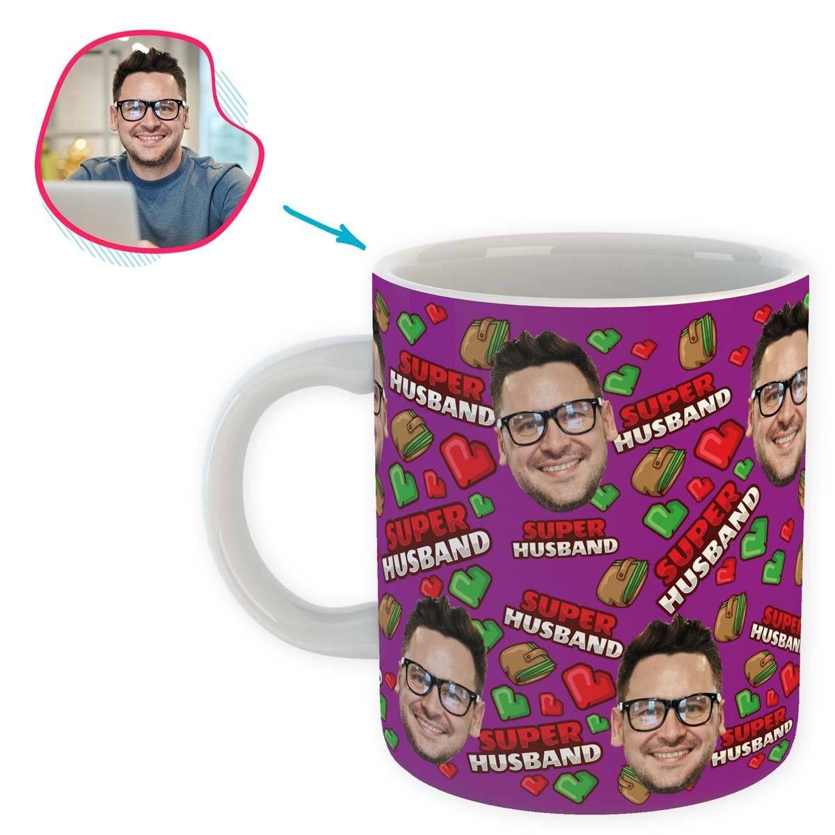 Purple Husband personalized mug with photo of face printed on it