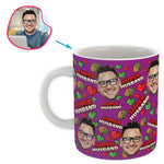 Load image into Gallery viewer, Purple Husband personalized mug with photo of face printed on it
