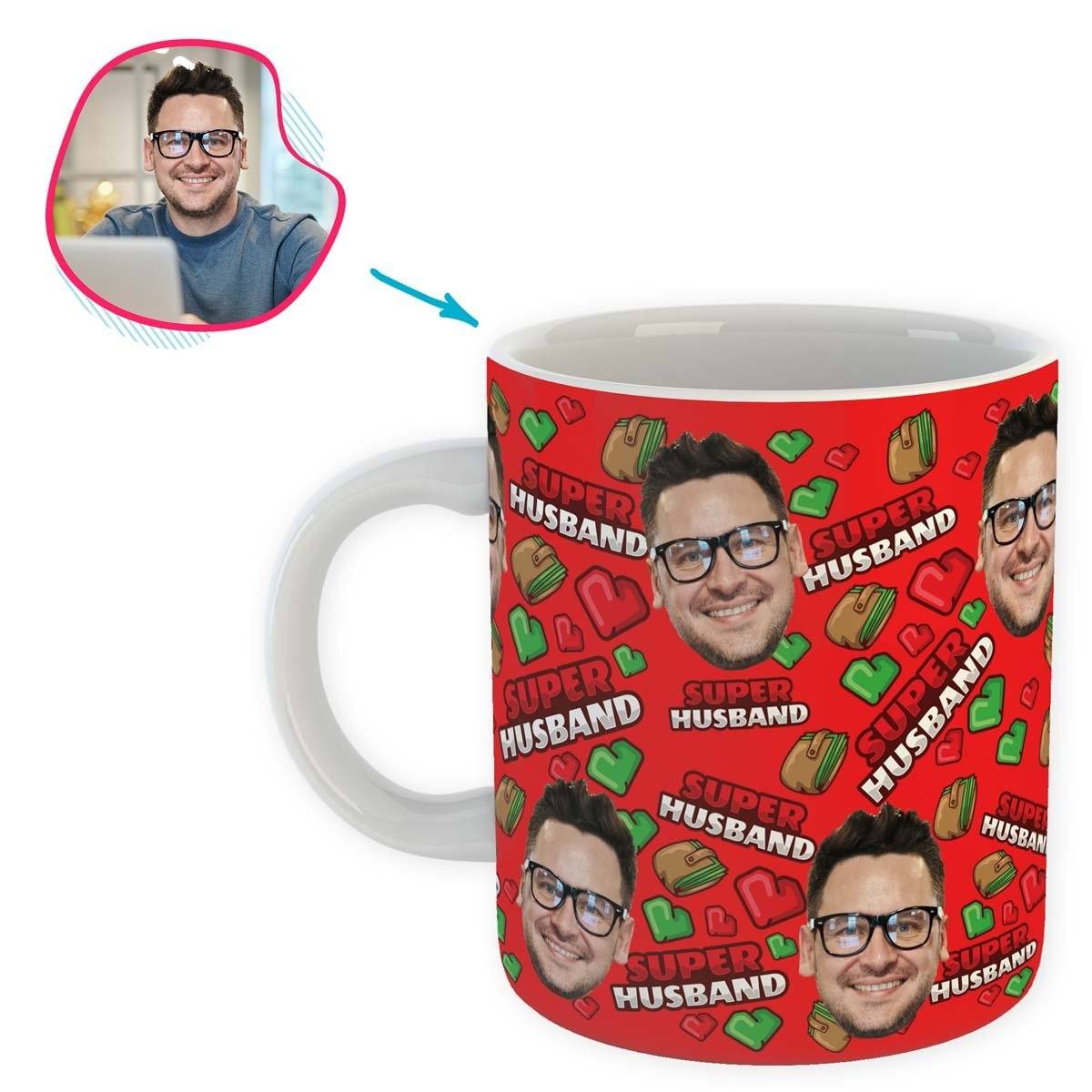 Red Husband personalized mug with photo of face printed on it