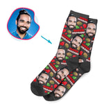 Load image into Gallery viewer, Dark Husband personalized socks with photo of face printed on them

