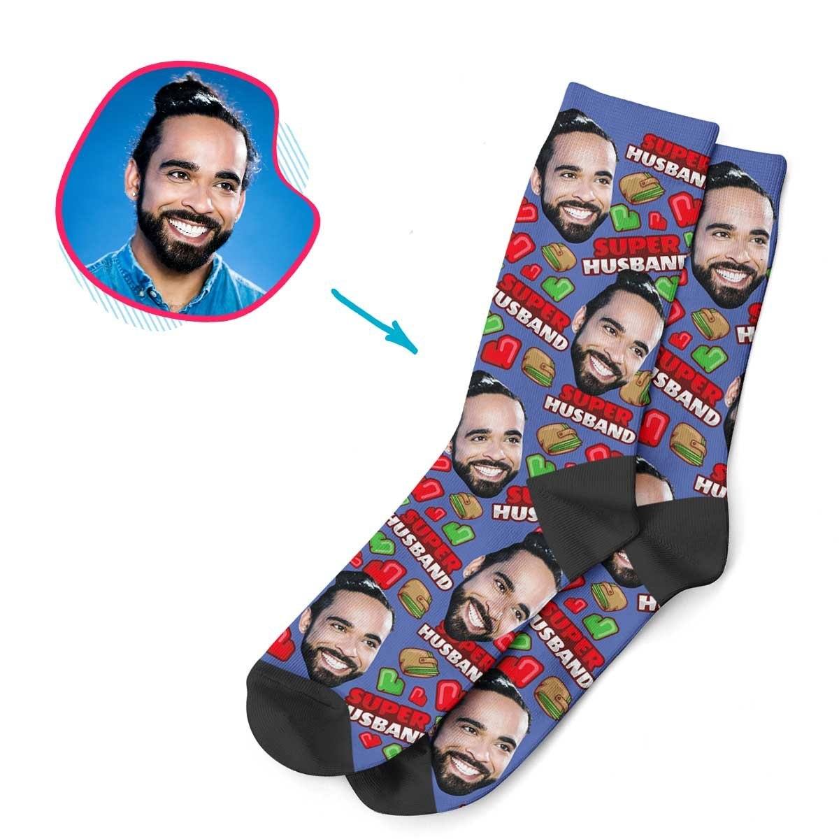 Darkblue Husband personalized socks with photo of face printed on them