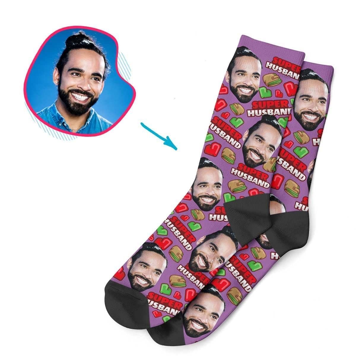 Purple Husband personalized socks with photo of face printed on them