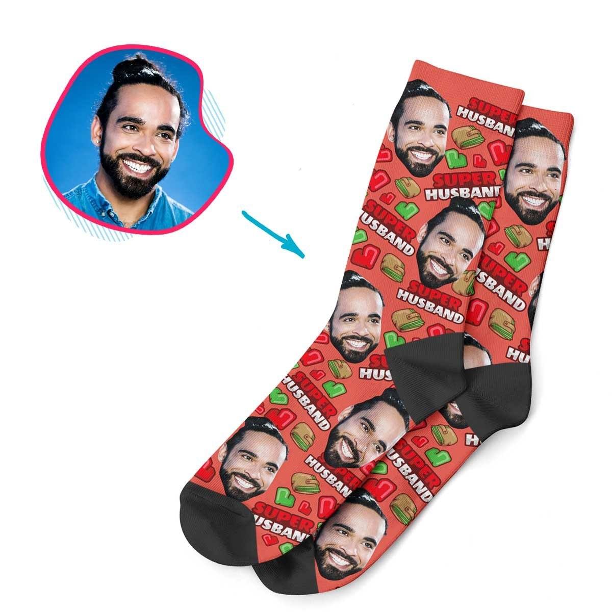 Red Husband personalized socks with photo of face printed on them
