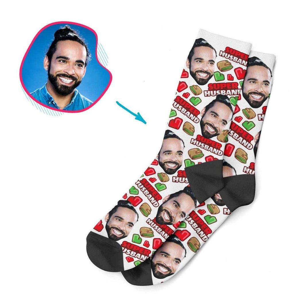 White Husband personalized socks with photo of face printed on them