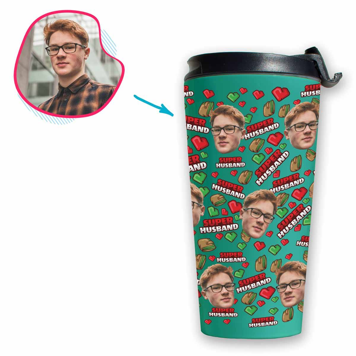 Mint Husband personalized travel mug with photo of face printed on it