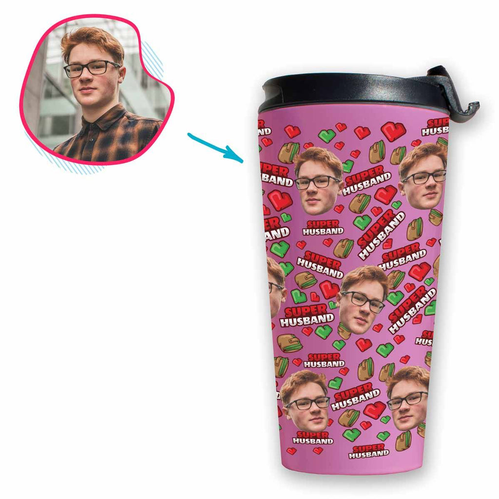 Pink Husband personalized travel mug with photo of face printed on it