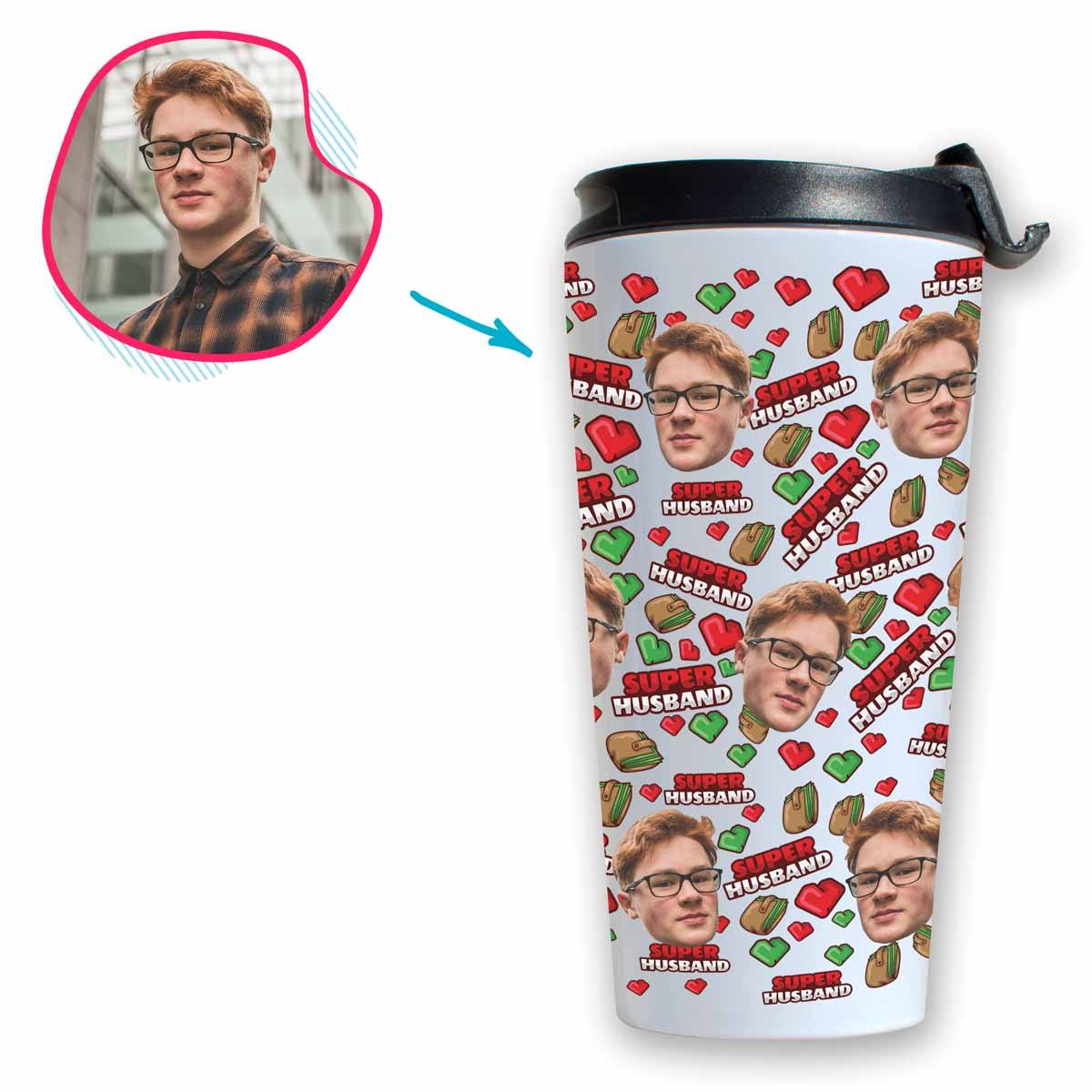 White Husband personalized travel mug with photo of face printed on it