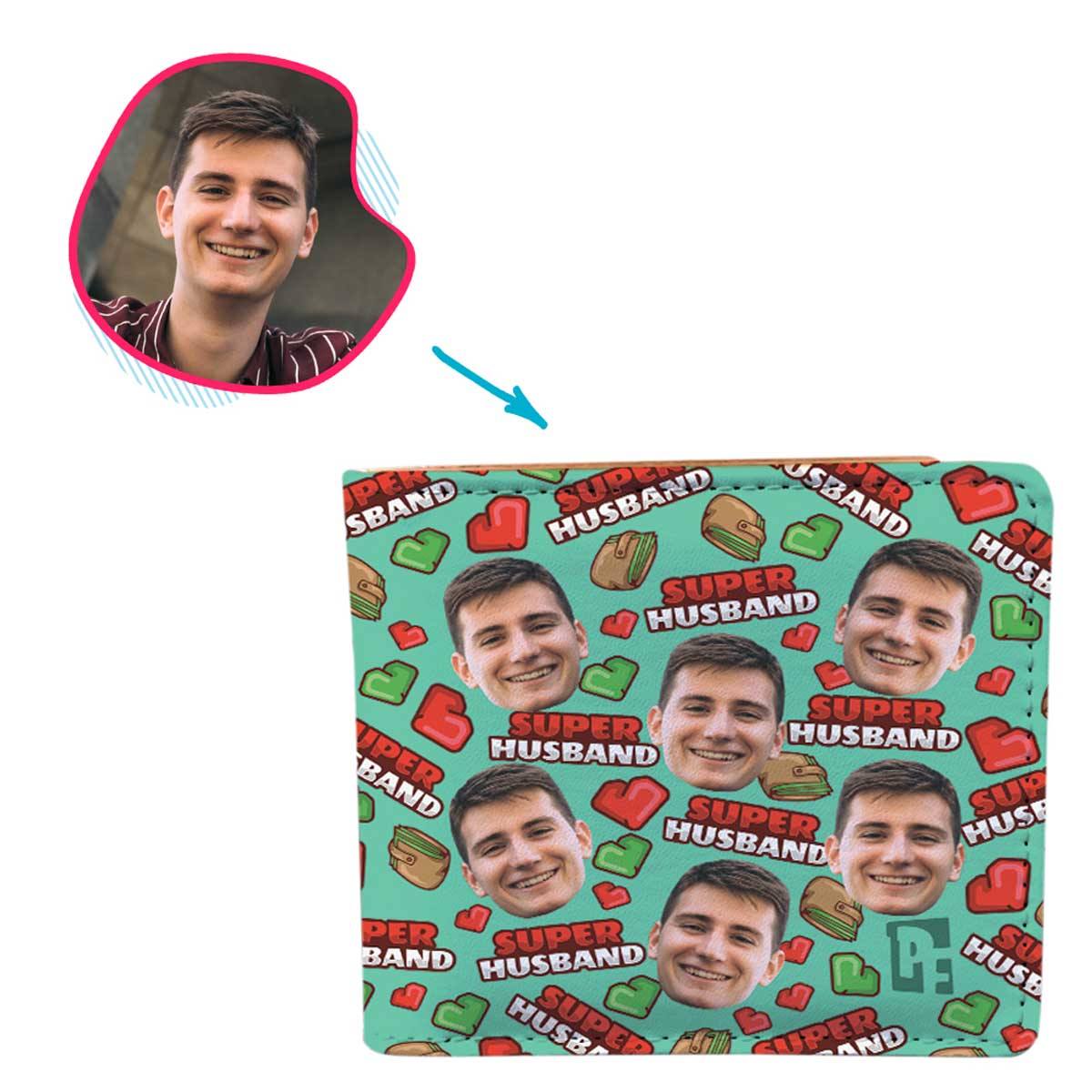 Mint Husband personalized wallet with photo of face printed on it