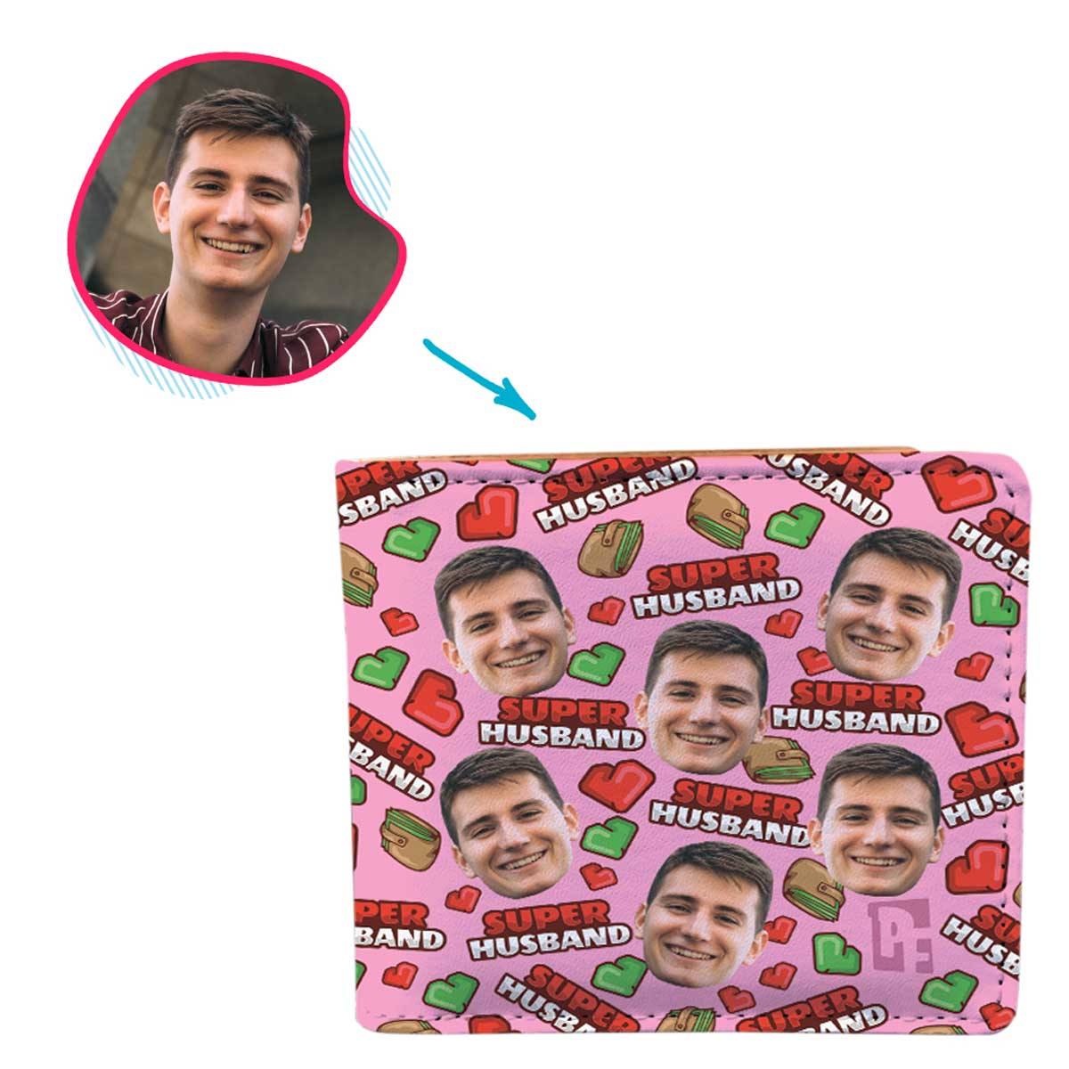 Pink Husband personalized wallet with photo of face printed on it