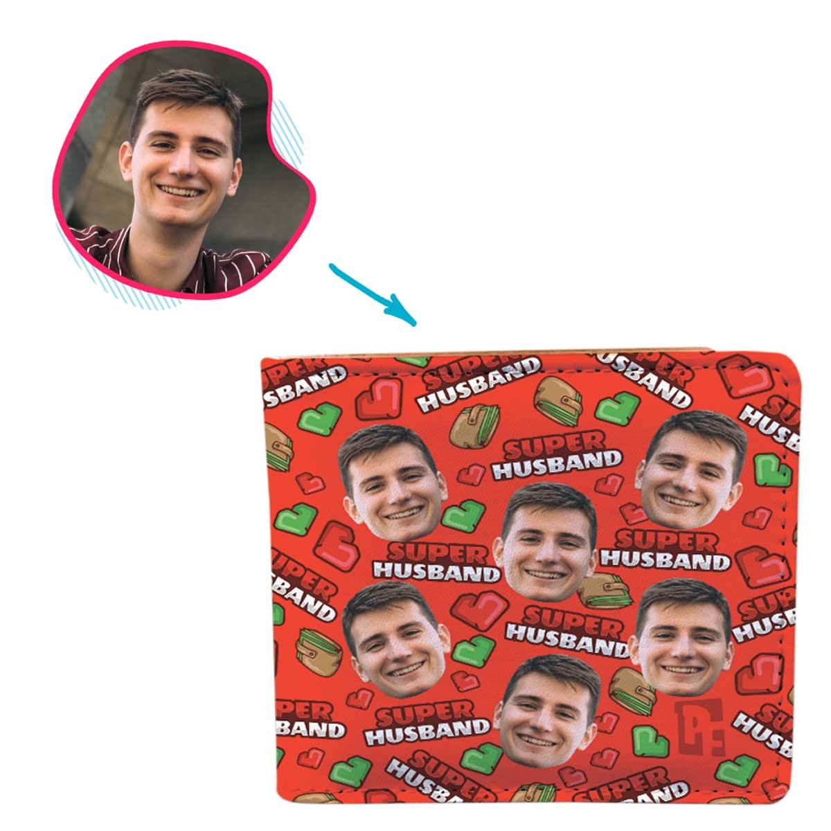Red Husband personalized wallet with photo of face printed on it
