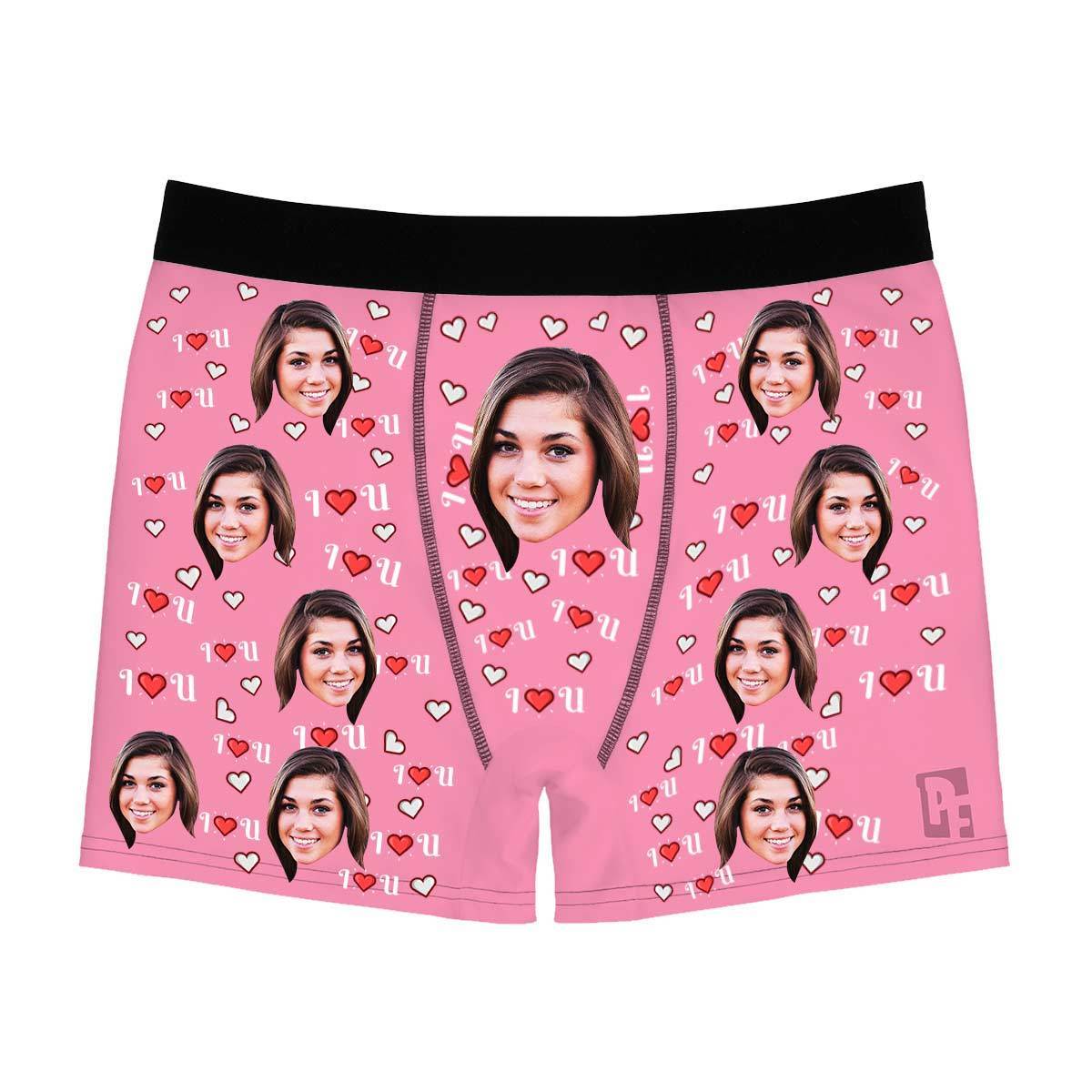 Pink I <3 You men's boxer briefs personalized with photo printed on them