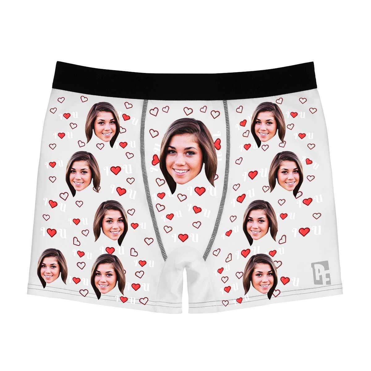 White I <3 You men's boxer briefs personalized with photo printed on them
