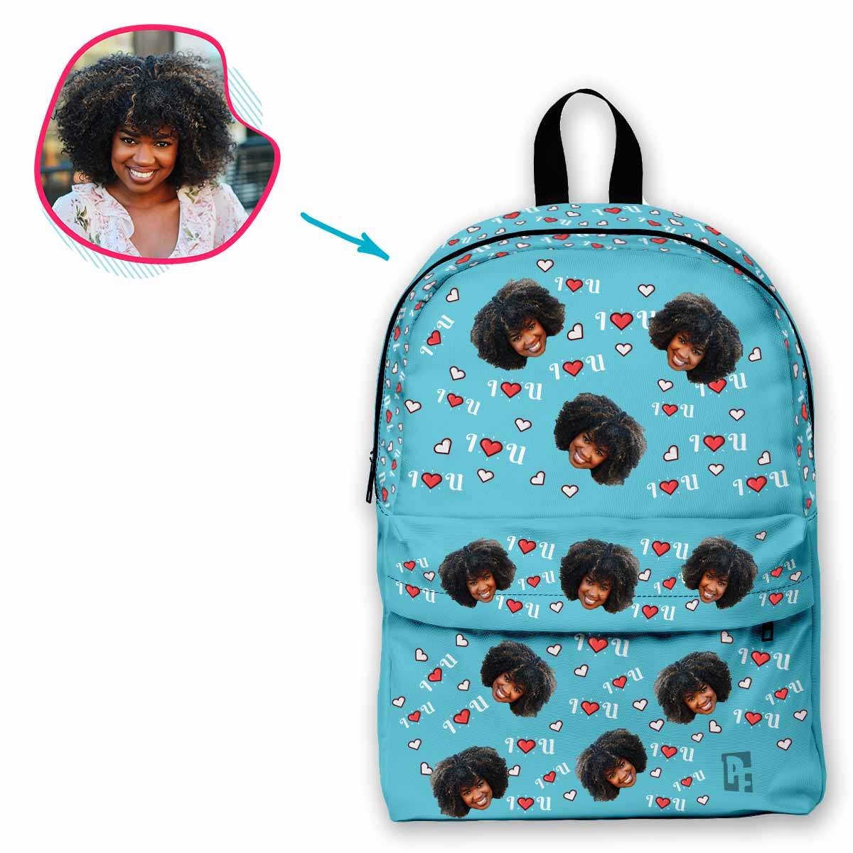 blue I <3 You classic backpack personalized with photo of face printed on it
