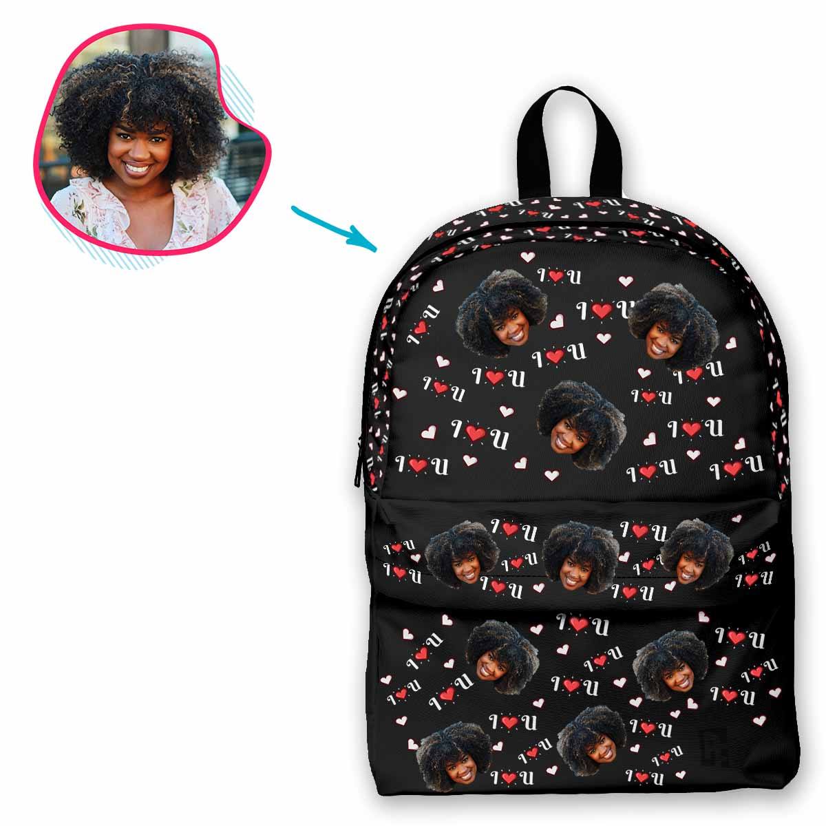 dark I <3 You classic backpack personalized with photo of face printed on it