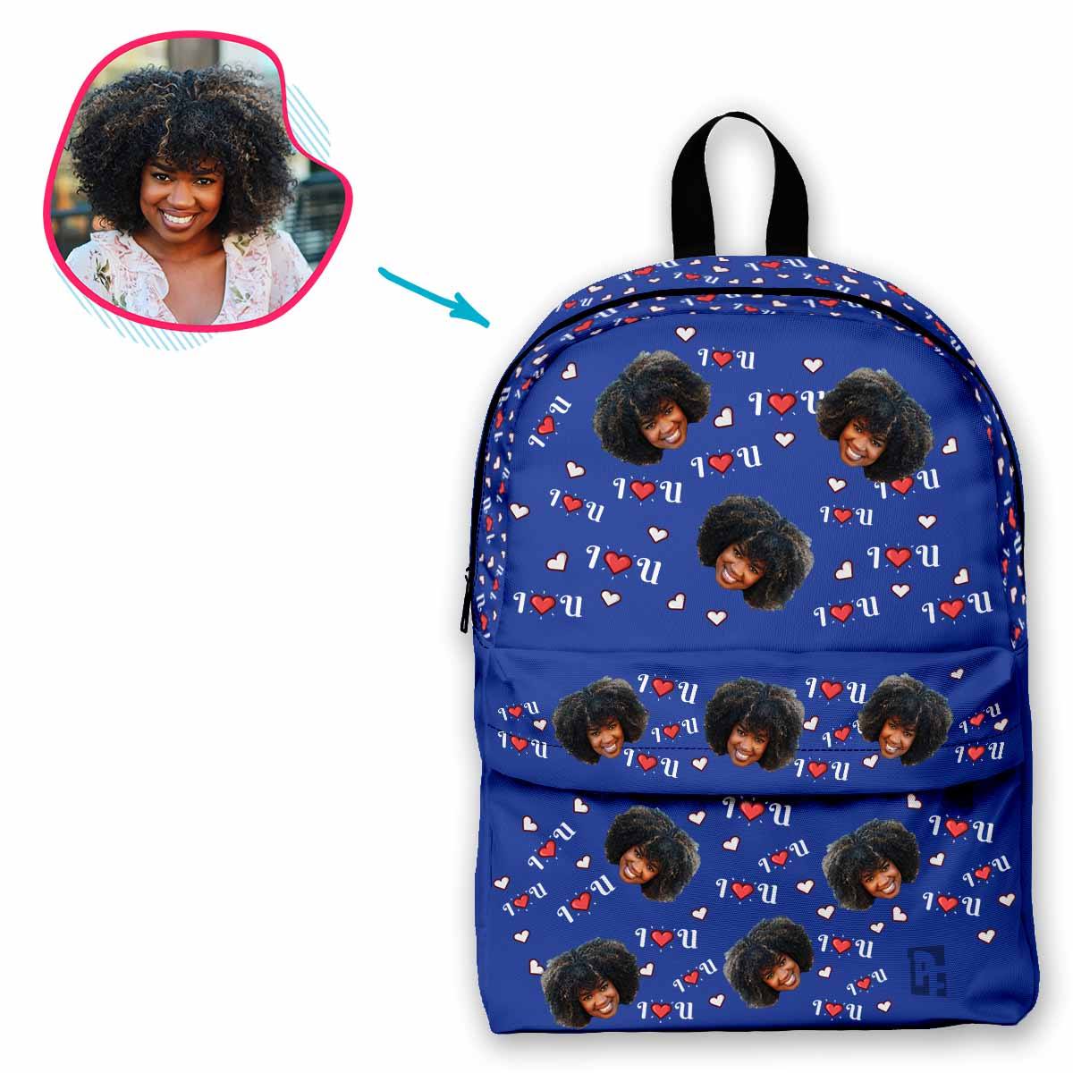 darkblue I <3 You classic backpack personalized with photo of face printed on it