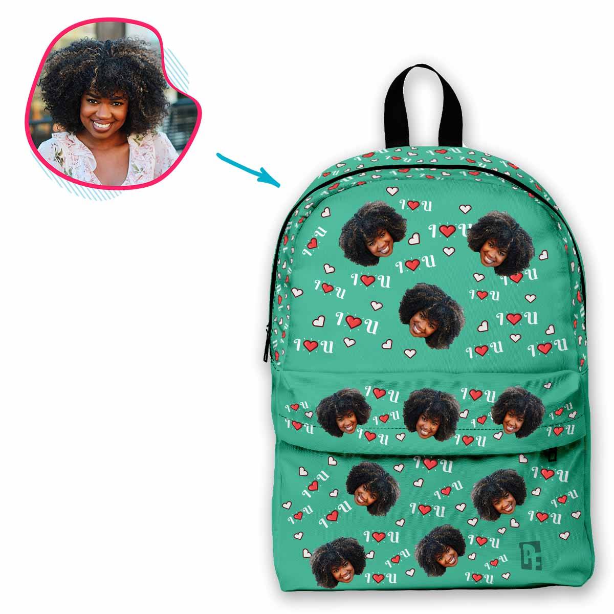 mint I <3 You classic backpack personalized with photo of face printed on it