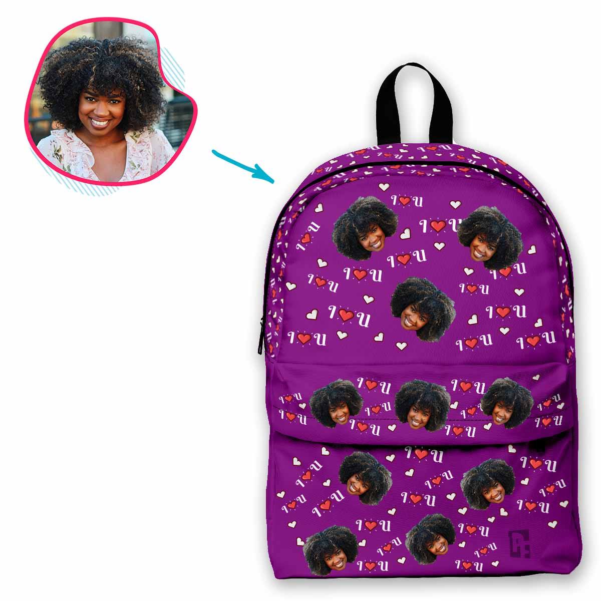 purple I <3 You classic backpack personalized with photo of face printed on it
