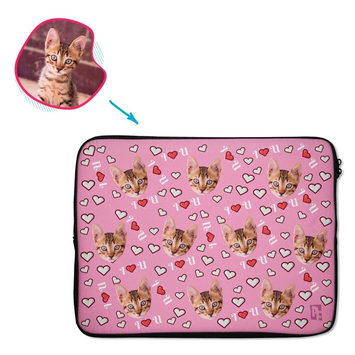 pink I <3 You laptop sleeve personalized with photo of face printed on them