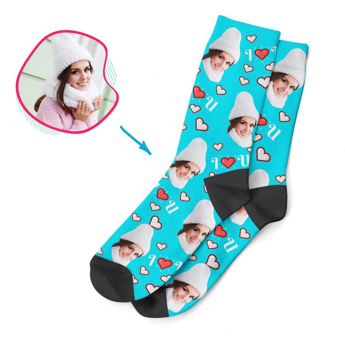 blue I <3 You socks personalized with photo of face printed on them