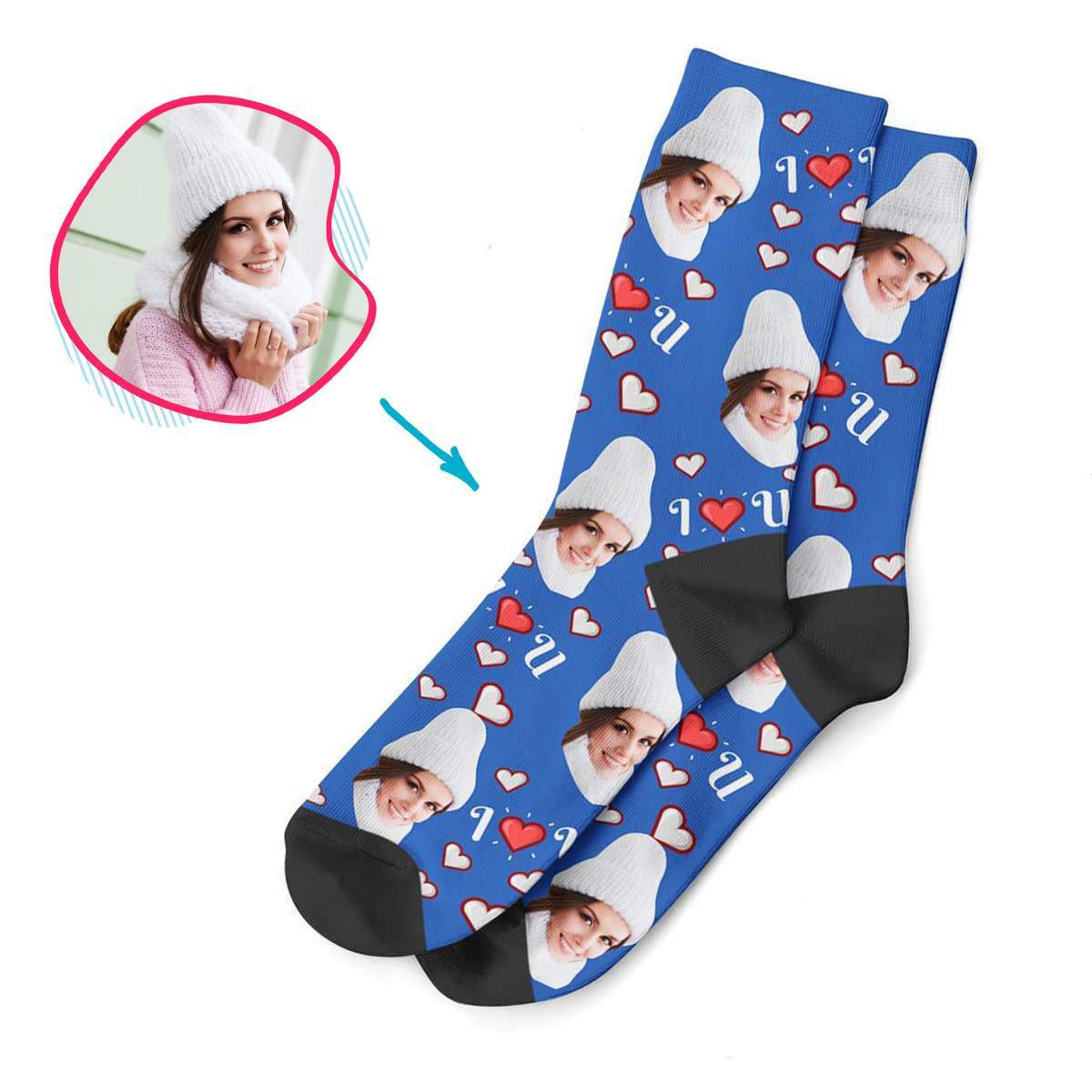 darkblue I <3 You socks personalized with photo of face printed on them