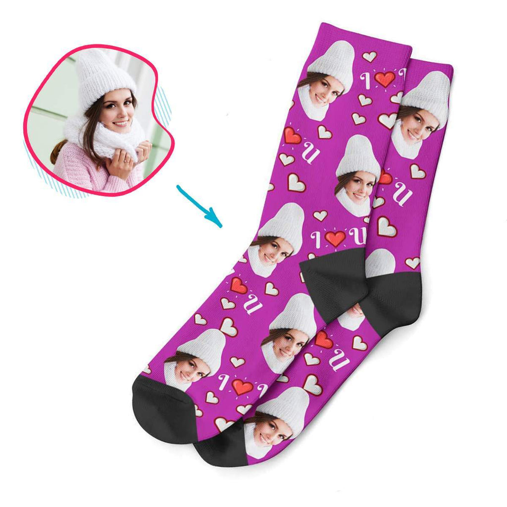 purple I <3 You socks personalized with photo of face printed on them