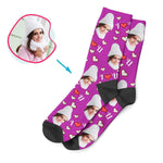 Load image into Gallery viewer, purple I &lt;3 You socks personalized with photo of face printed on them
