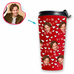red I <3 You travel mug personalized with photo of face printed on it