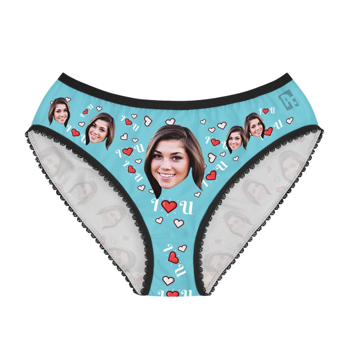 Blue I <3 You women's underwear briefs personalized with photo printed on them