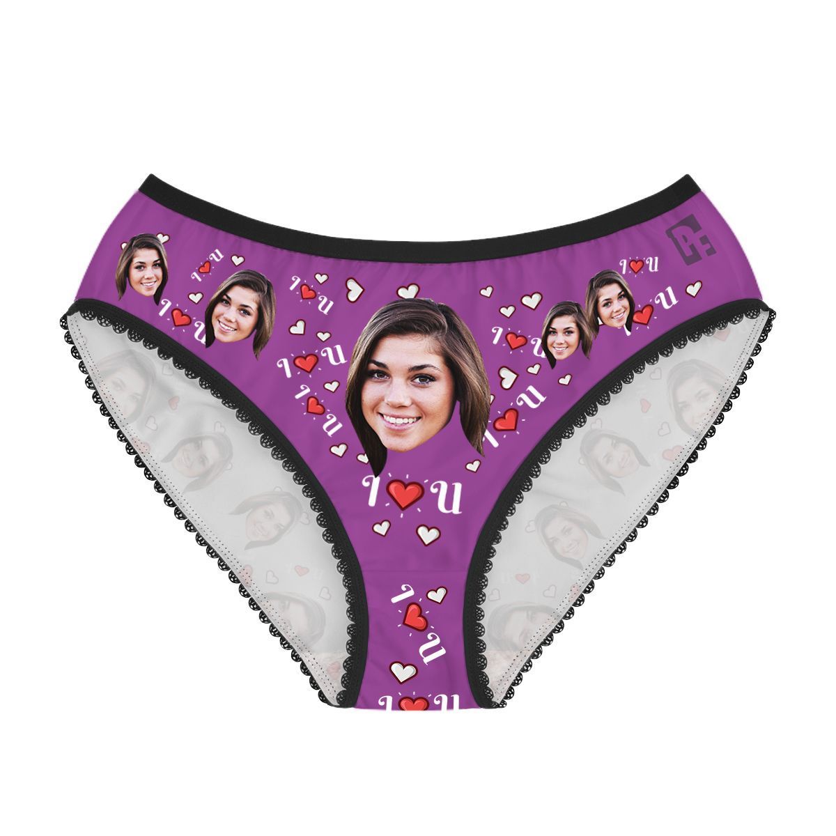 Purple I <3 You women's underwear briefs personalized with photo printed on them