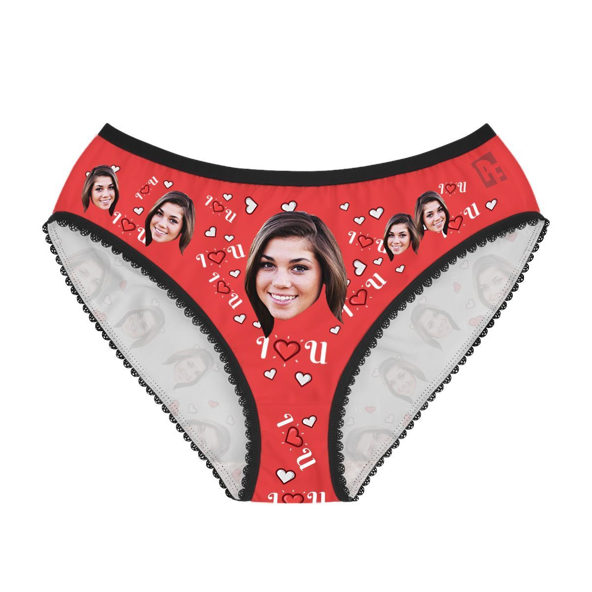 Red I <3 You women's underwear briefs personalized with photo printed on them