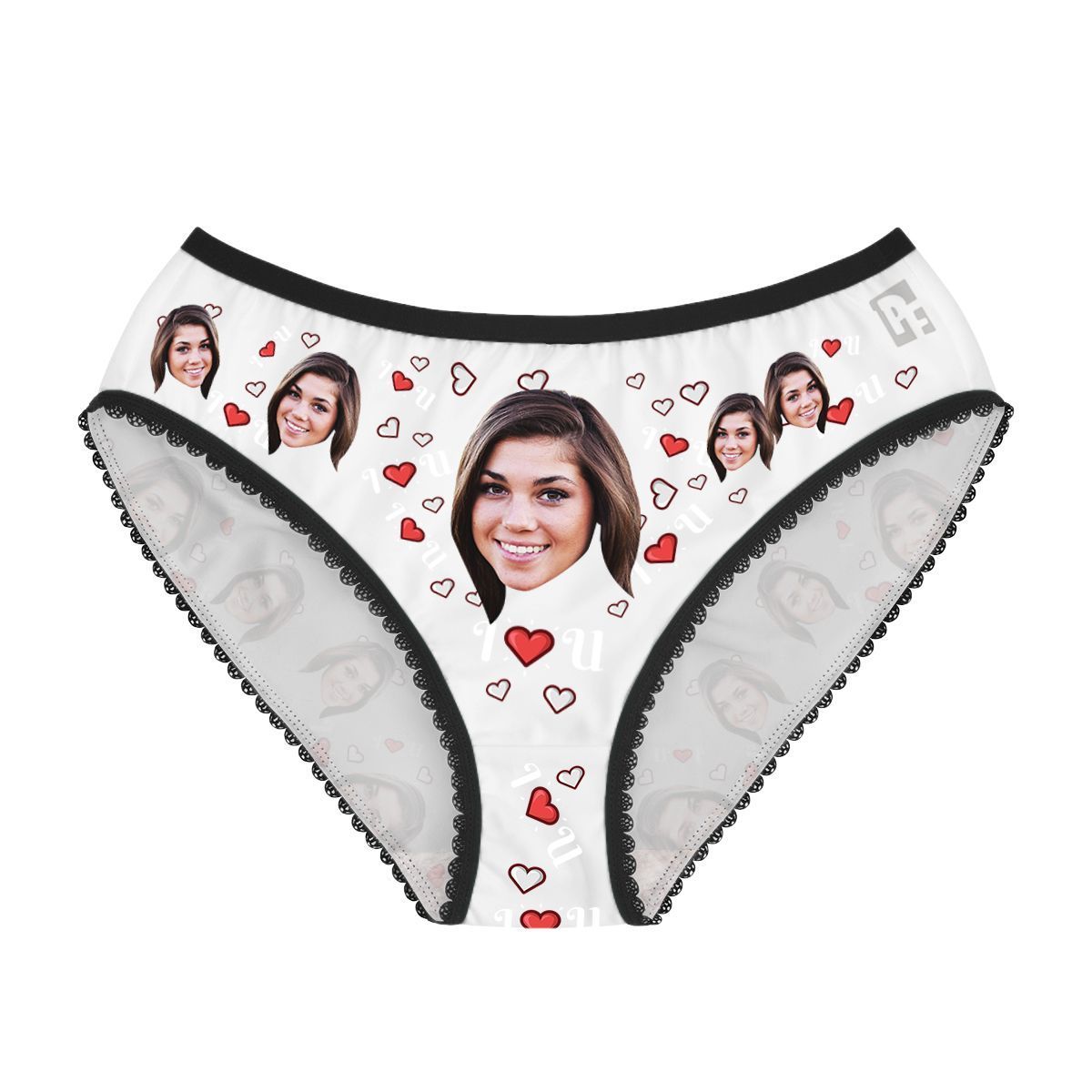 White I <3 You women's underwear briefs personalized with photo printed on them