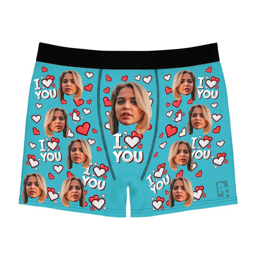 Blue I love you men's boxer briefs personalized with photo printed on them