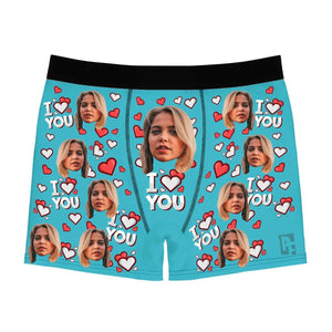 Blue I love you men's boxer briefs personalized with photo printed on them