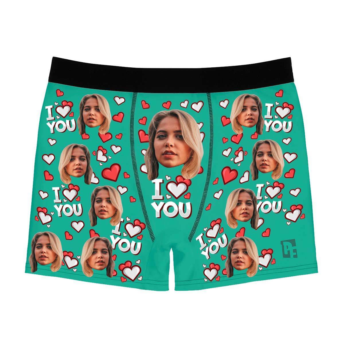 Mint I love you men's boxer briefs personalized with photo printed on them
