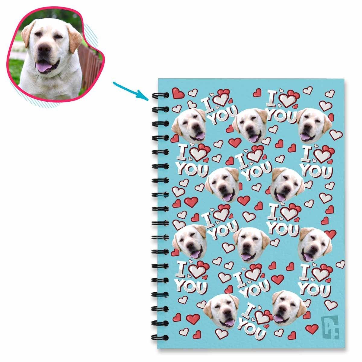 blue I Love You Notebook personalized with photo of face printed on them